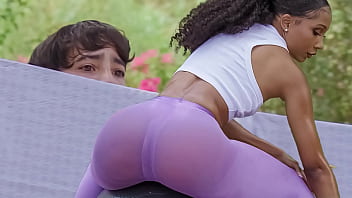 Young boy secretly watches his sexy Latina neighbor's workout session